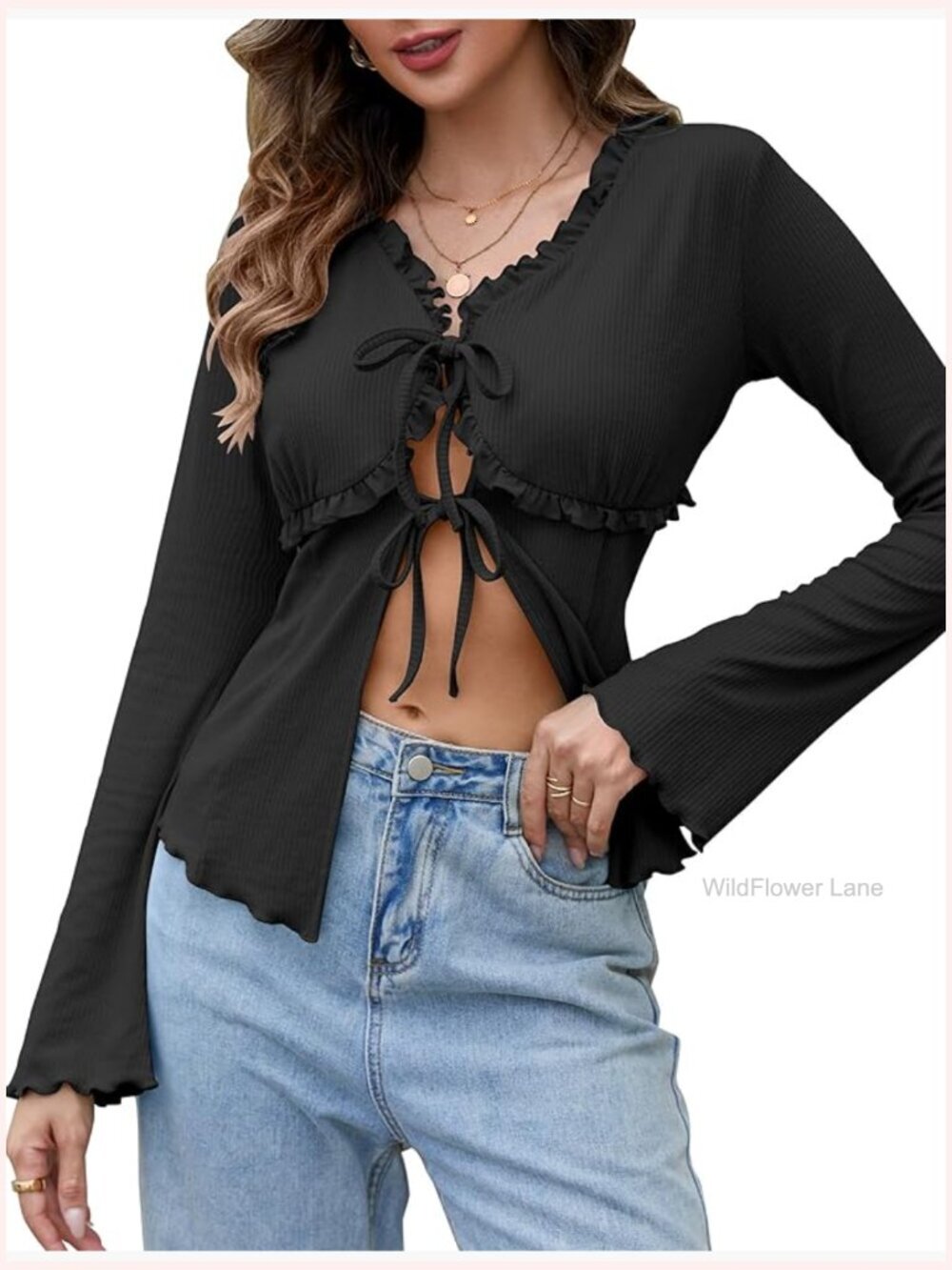 Long Bell Sleeve Ribbed Ruffle Tie Front V Neck Blouse